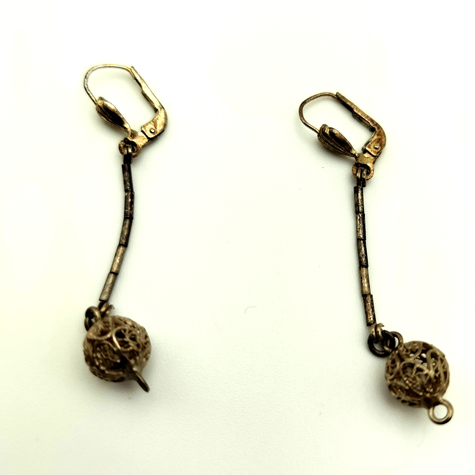 Vtg GES GESCH West Germany PIERCED Dangle Silver Tone Metal Earrings Art Deco