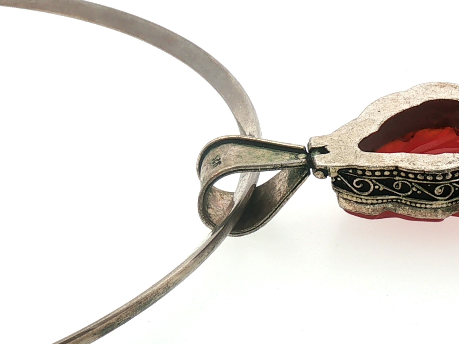 Vintage Sterling Silver Necklace Carved Carnelian Leaf Pendant Ornate Bail
