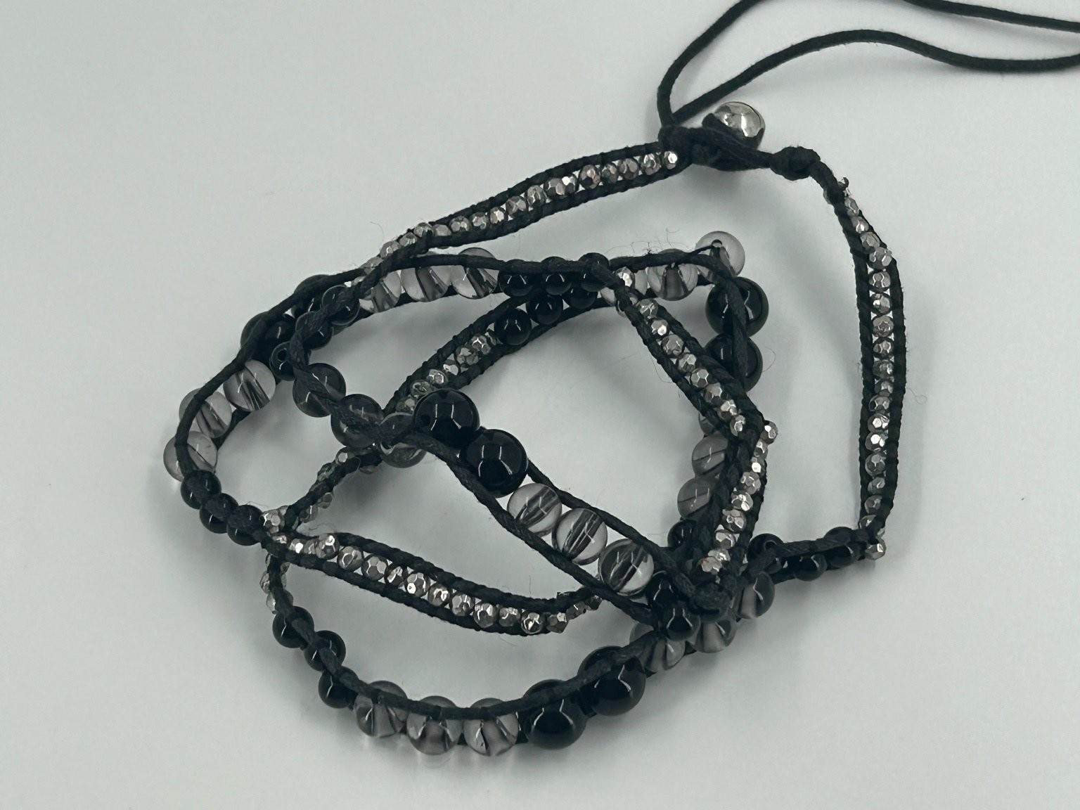 Multi-strand Wrap Bracelet Silver Tone 18″ Black Cord Glass Bead Bell Boho