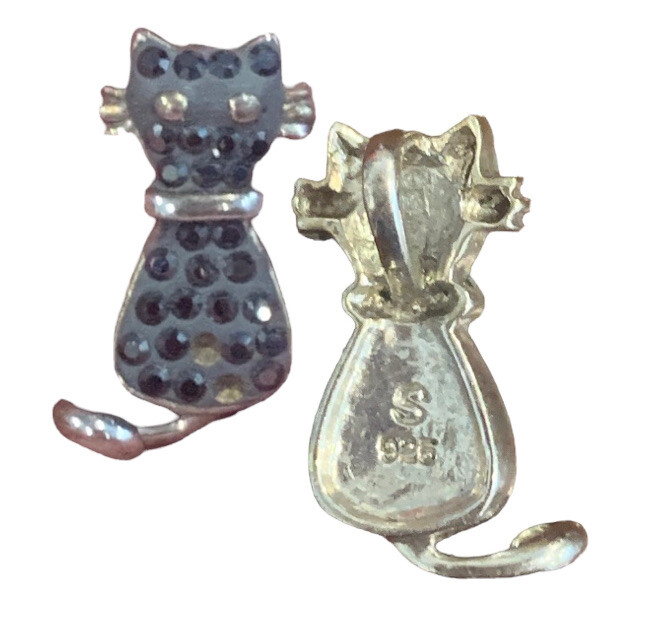 BLACK MARCASITE DIAMONED JEWELED STERLING SILVER KITTY CAT CHARM PENDANT 925