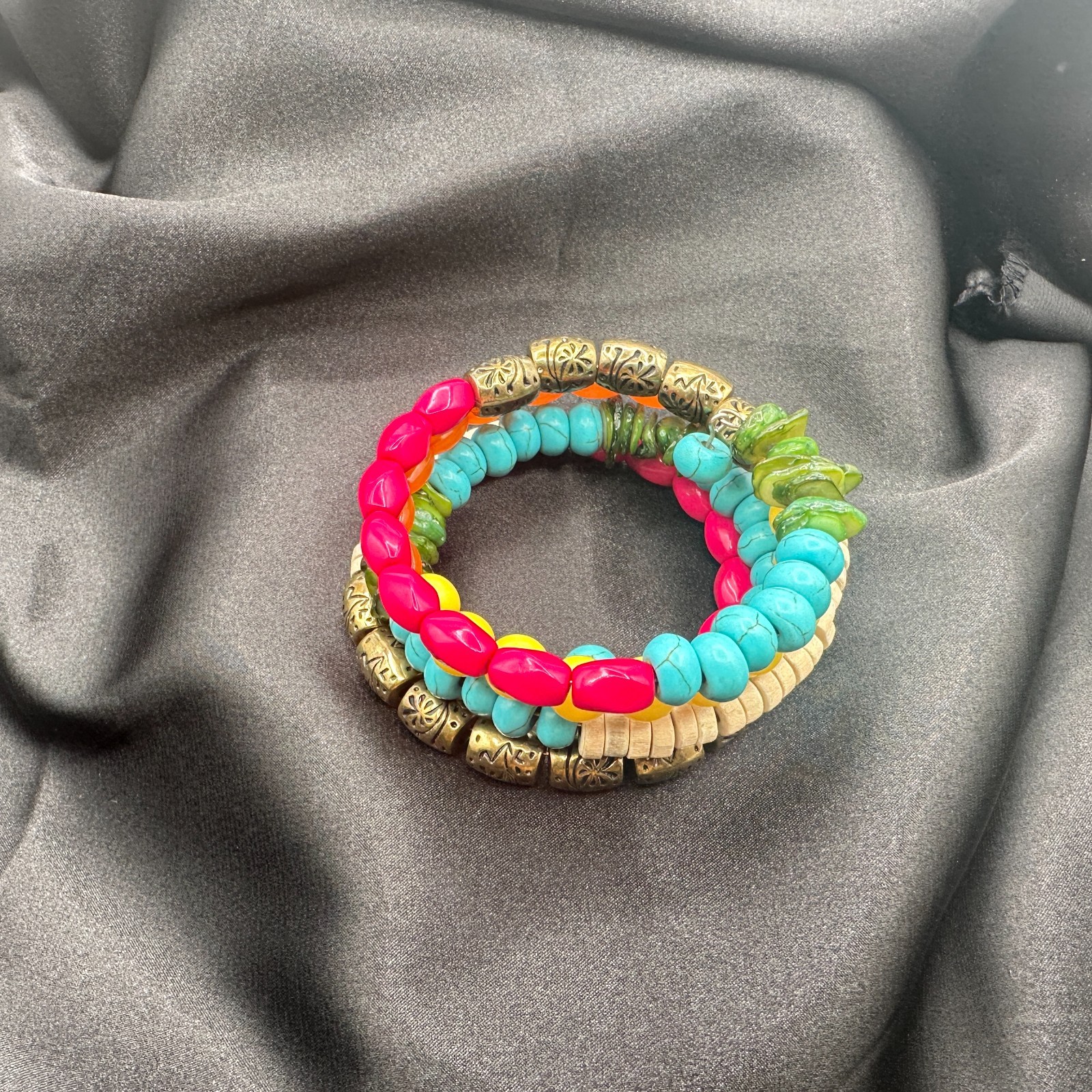 Vintage 90s Multi-Strand Wrap Bracelet Colorful Glass Wood Metal Bead Jewelry