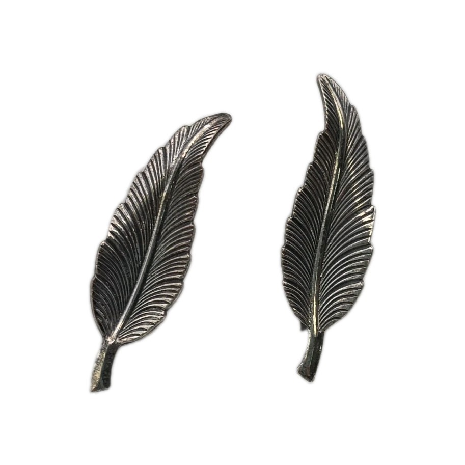 Vintage Silver Tone Bird Feather KIM Signed Etched Hippy Screw Back Boho Earring