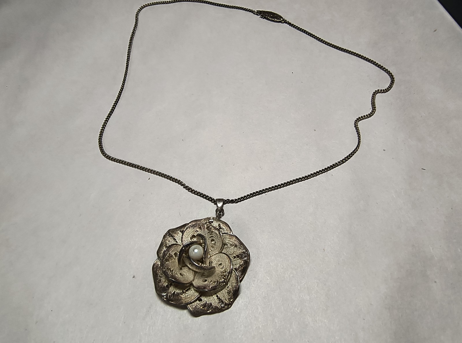 Vintage Sterling Silver Cannetille Filigree Flower Pendant + .925 Chain Necklace