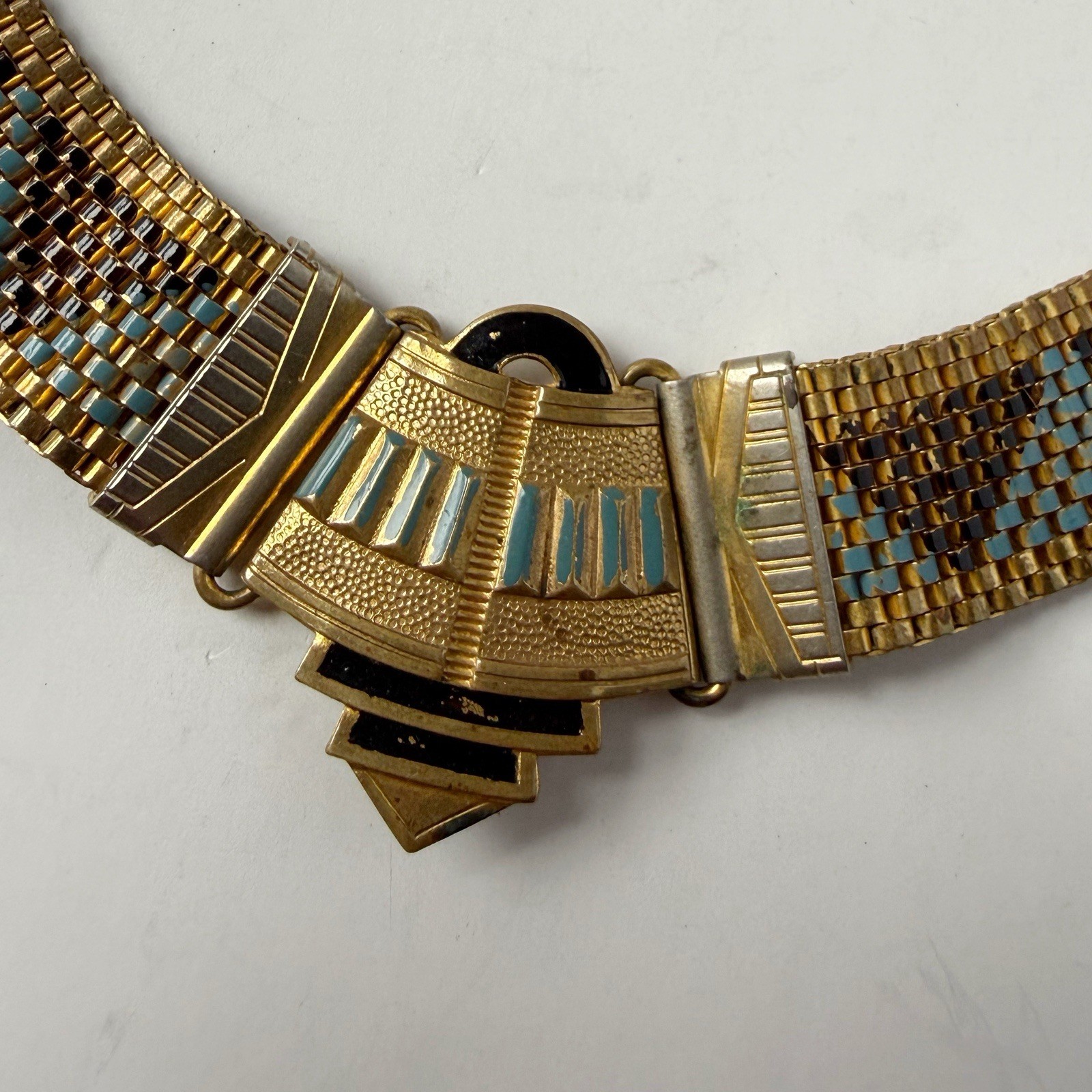 Antique Art Deco Egyptian Revival Enamel Geometric Mesh Collar Necklace 16”