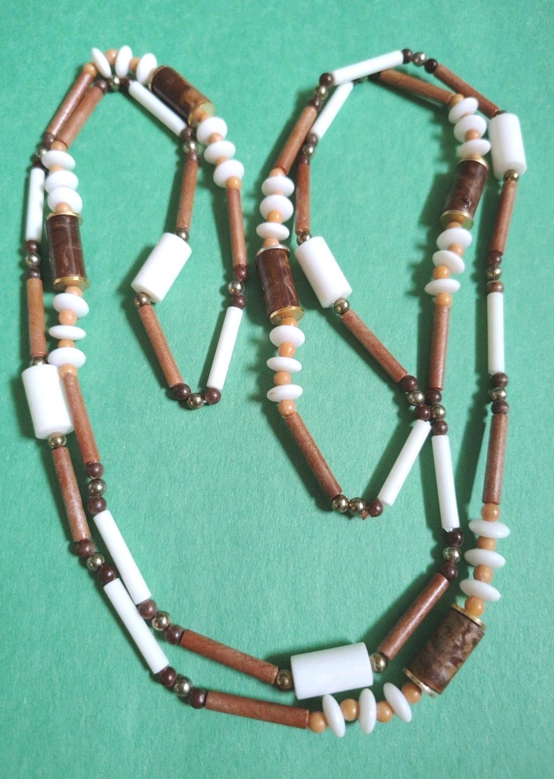 Vintage Long WHITE & BROWN Colored Acrylic Beaded Necklace