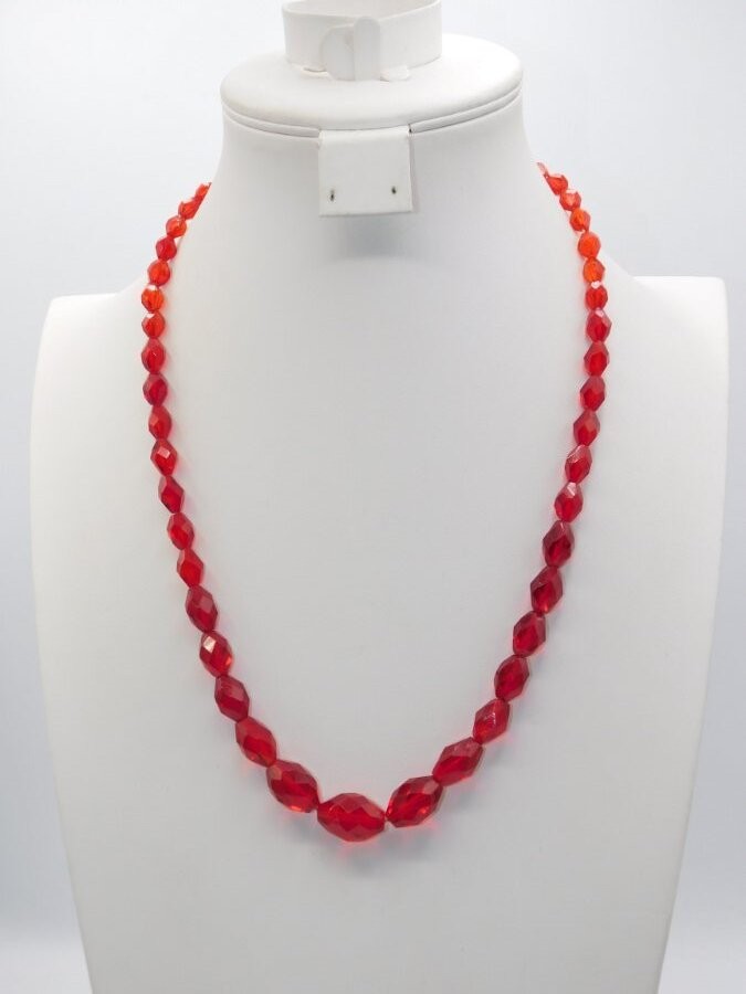 B380-ANTIQUE NECKLACE~RED FACETED GLASS BEADS~22″ LONG