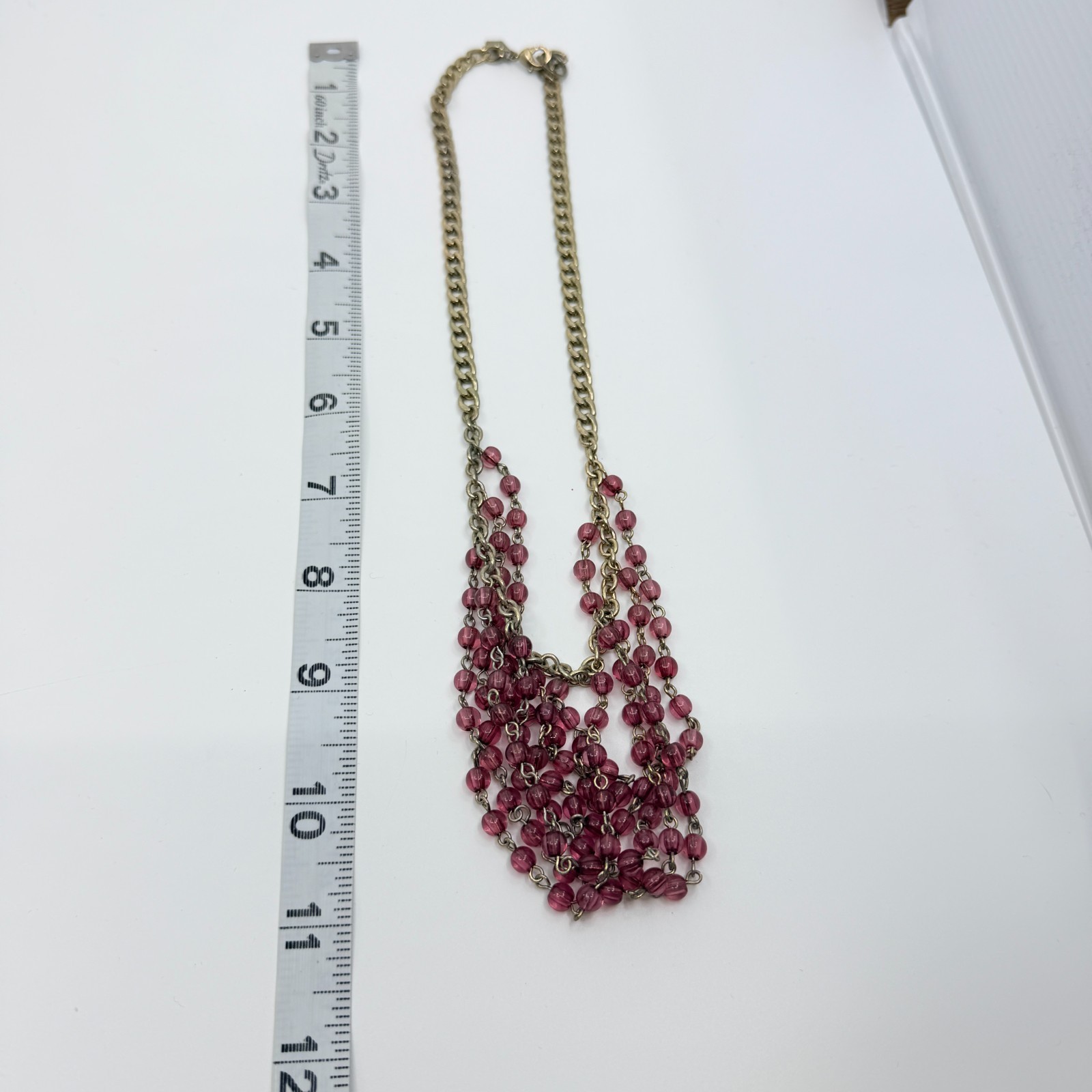 Necklace Vintage Gold Tone Pink Purple Bead Multi Strand Draped Statement Boho