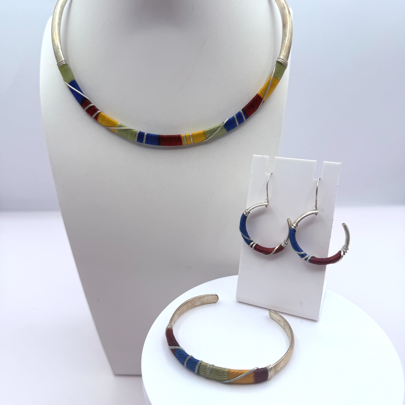 Vintage Silver Tone Thread Wrapped Jewelry Set Collar Necklace Cuff Hoop Earring