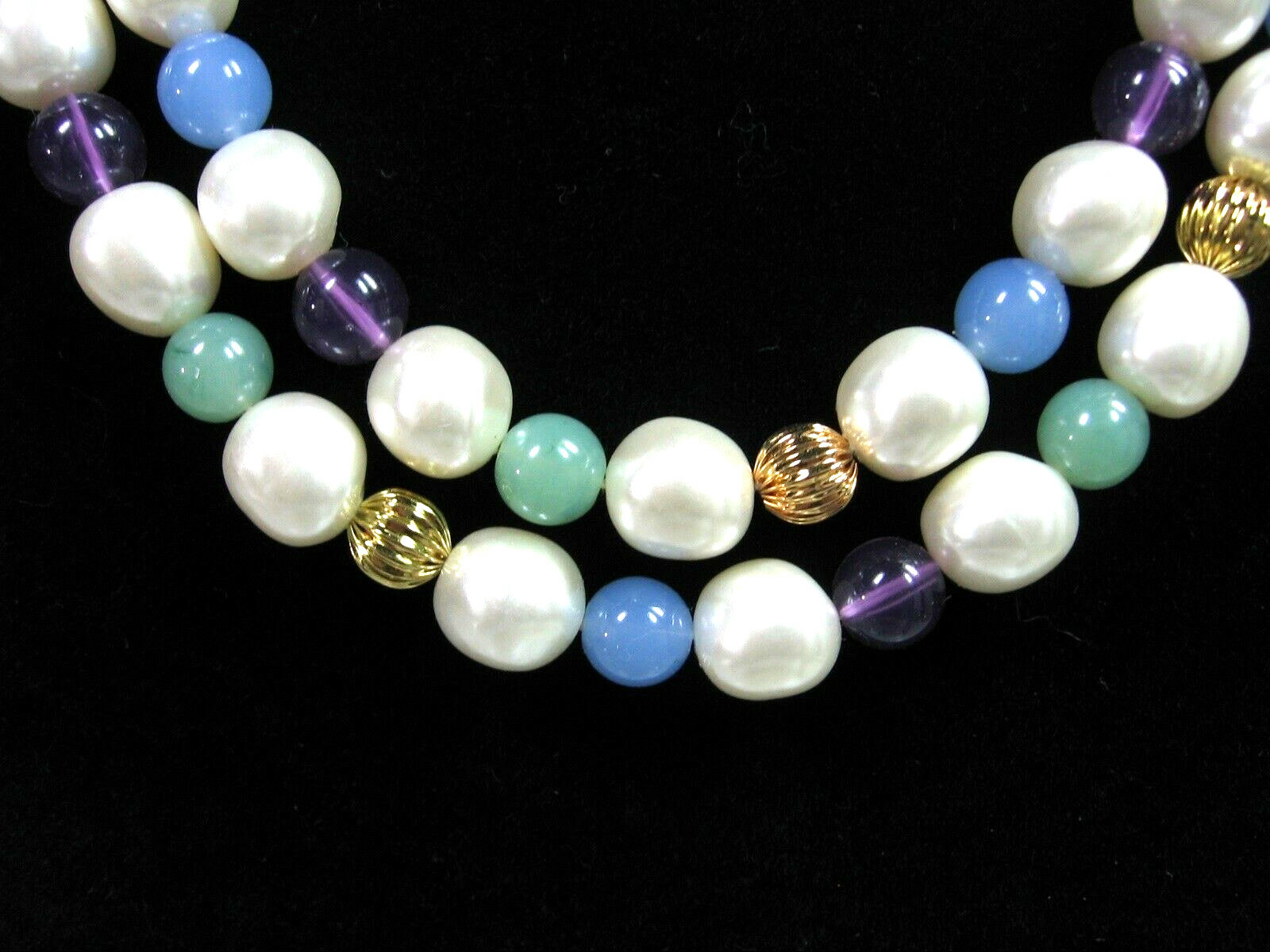 White PURPLE BLUE MINT GREEN BEADED Necklace 4 Color Beads Vintage Goldtone 36″