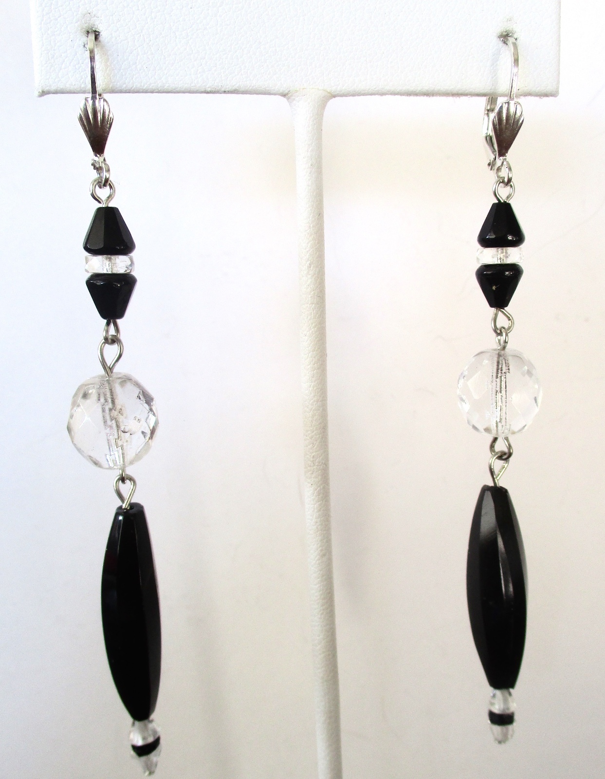 Pair of Vintage 3 1/2-Inch French Jet & Clear Czechoslovakian Crystal Earrings