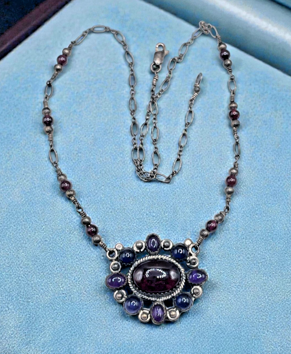 VTG Garnet & Amethyst cabochon Sterling Silver pendant bead chain necklace 12g