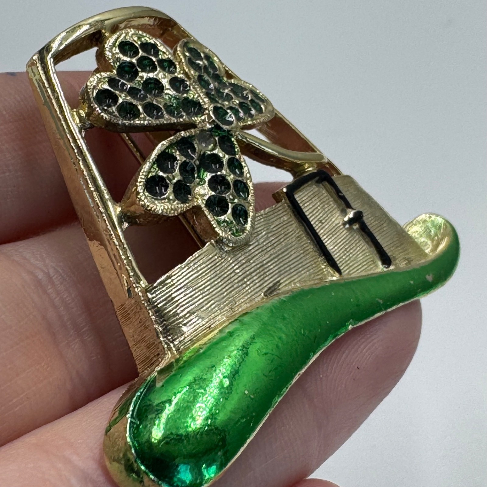 Vintage BJ Leprechaun Hat Shamrock Lapel Pin Green Gold Tone Irish B.J.