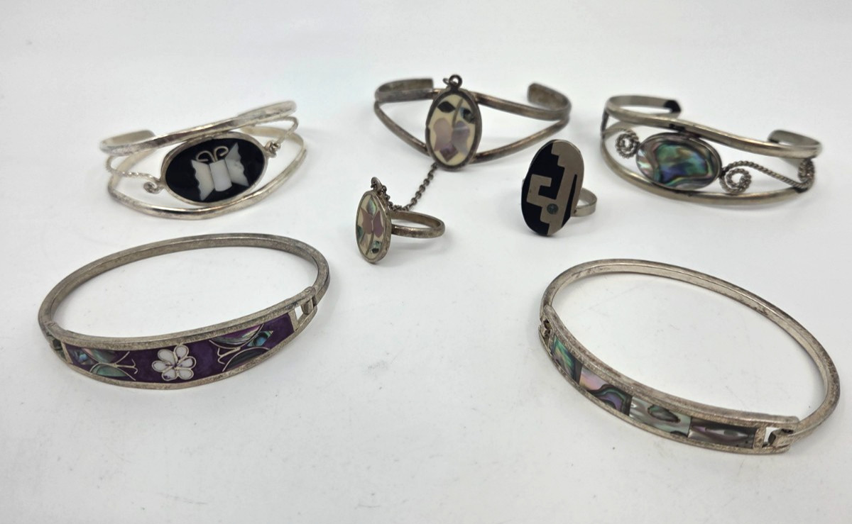 Vintage ALPACA Silver Inlaid Abalone & MOP Bracelets, Ring,& Bracelet Ring 6pc
