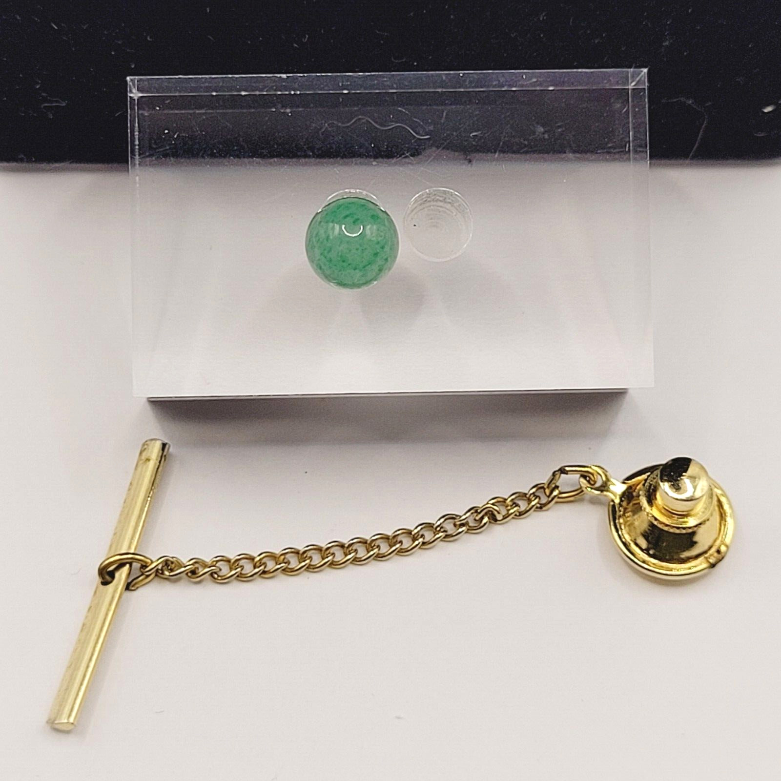 Jade Round Ball Polished Stone Gold Tone Vintage Tie Tack Pin with Chain