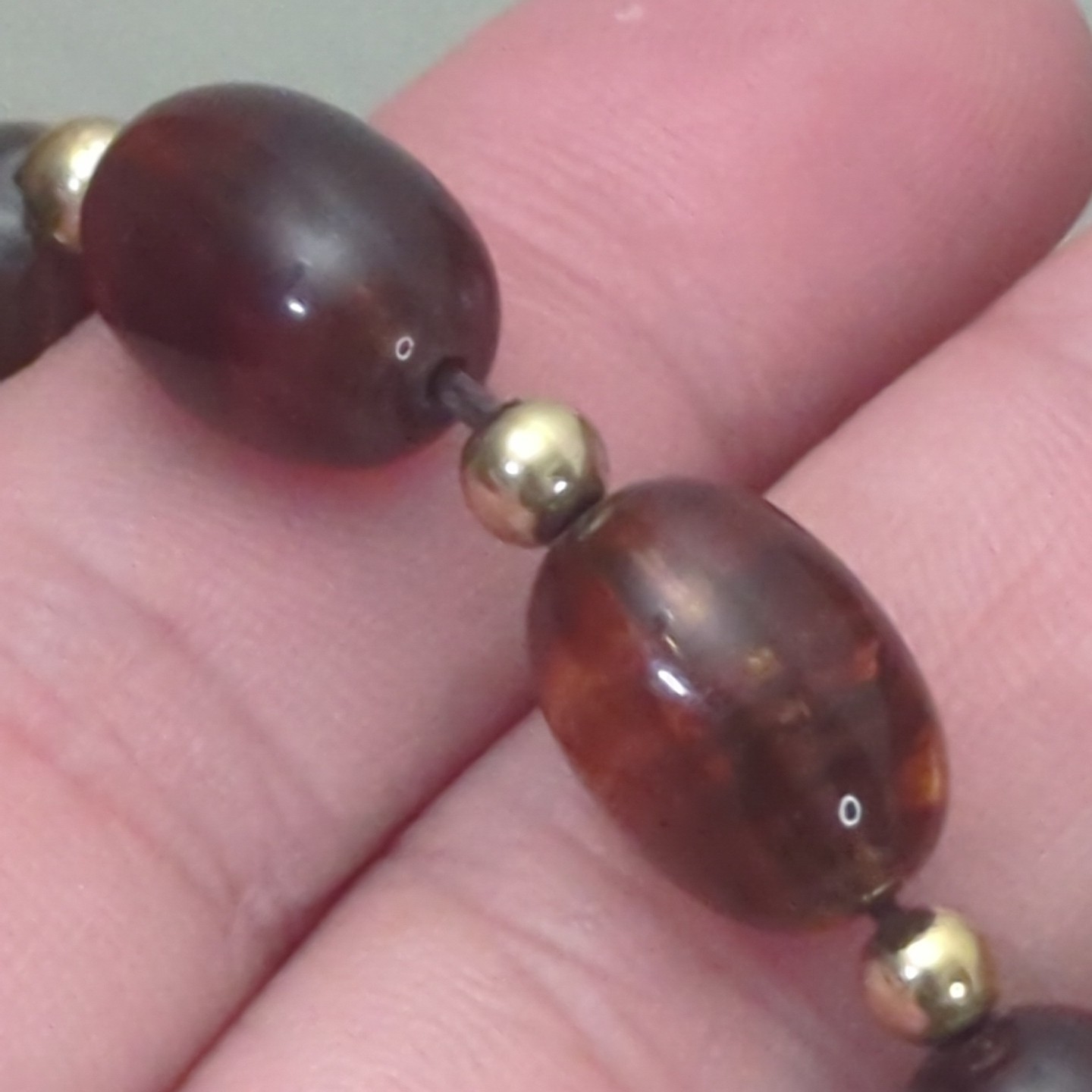 Vintage Avon Cognac Faux Amber Lucite Beaded Necklace Gold Tone Accents