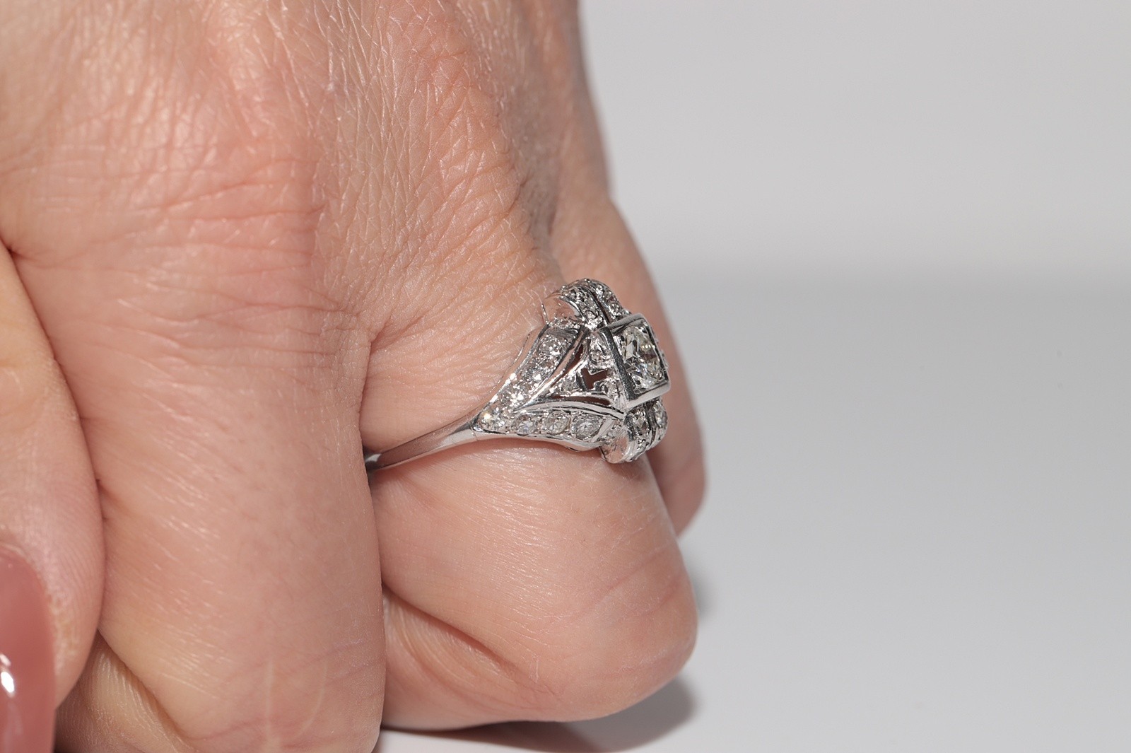Antique Circa 1920s Handcrafted Art Deco Platinum Natural Diamond Ring