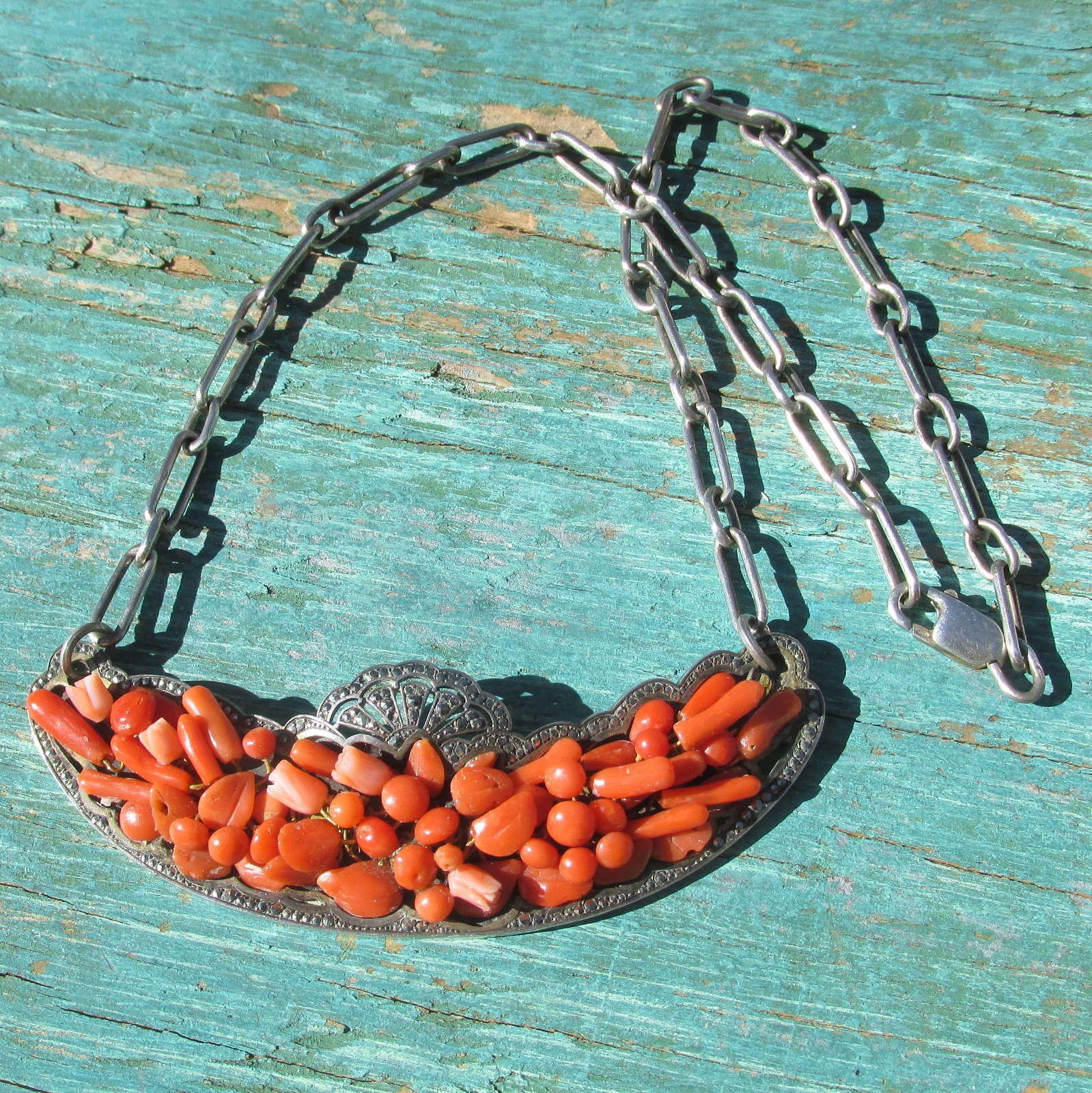 Antique Natural Coral, Marcasite and Sterling Silver Necklace Victorian 1890s