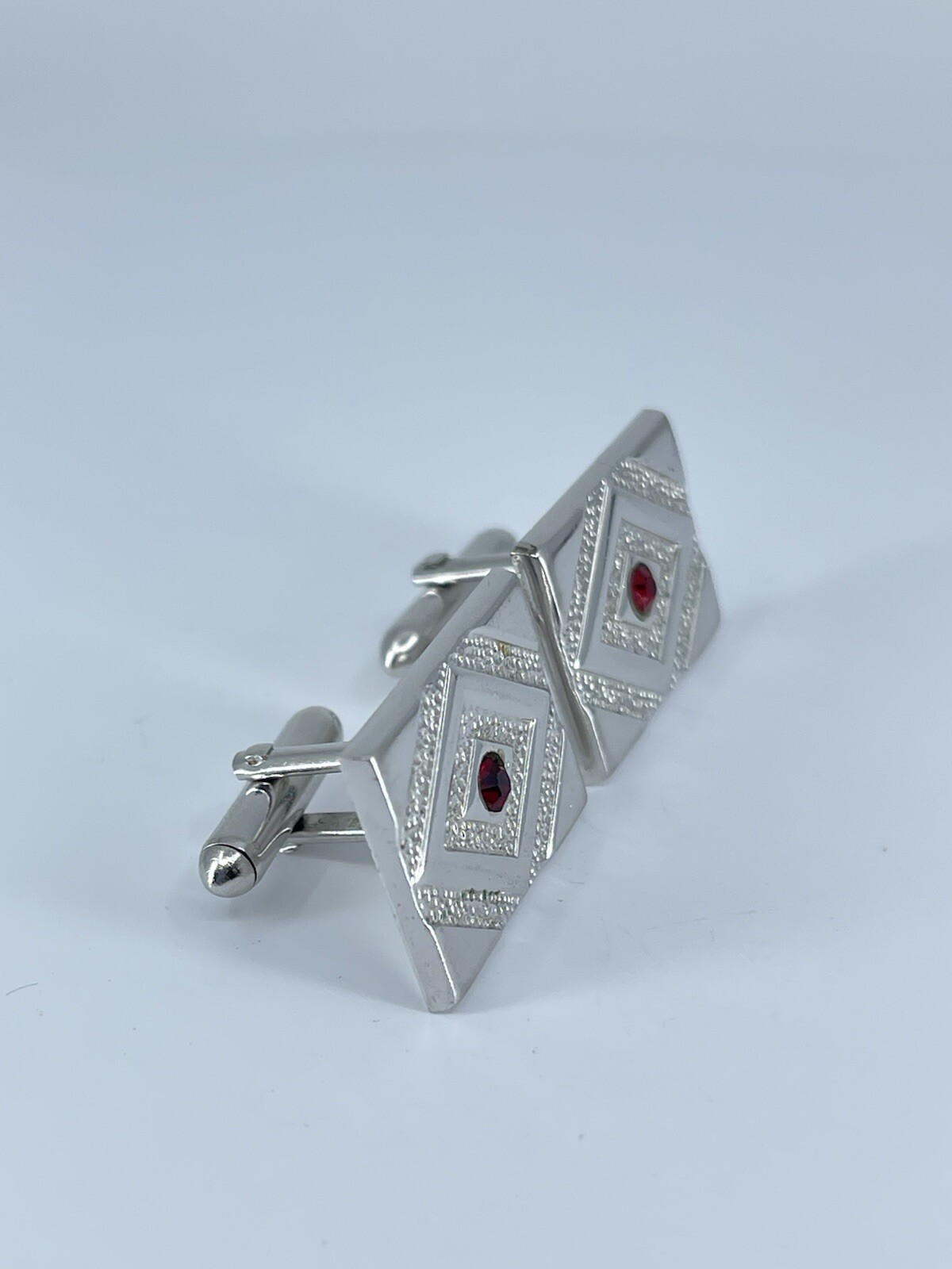 Swank rectangle cufflinks red rhinestone brushed polished silver tone