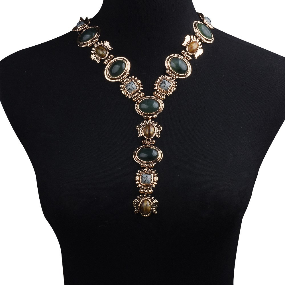 Vintage Glam Green stone Tiger Eye Choker Gold Victorian Statement Necklace gift