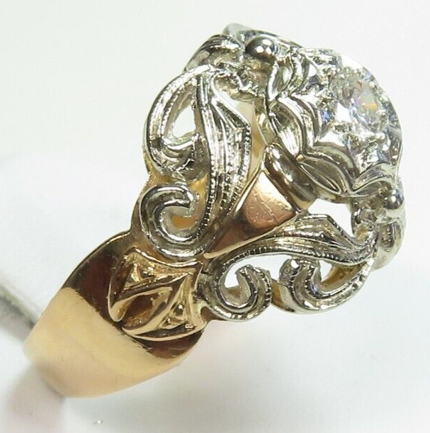 Antique 1920’s Diamond Unisex Engagement 17K Two Tone Ring Size 7.25 UK-O Deco