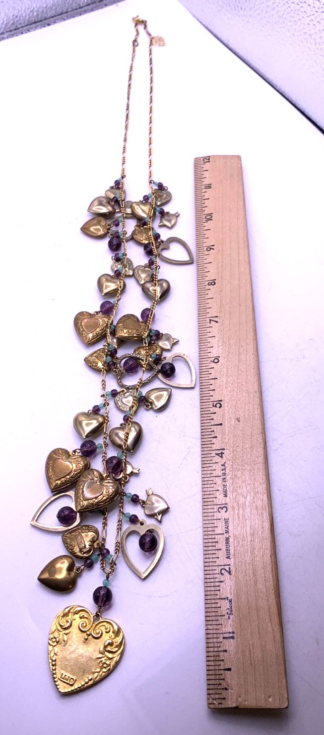 Vintage Lucy Isaacs Charm Necklace puffy hearts Victorian beaded extra long