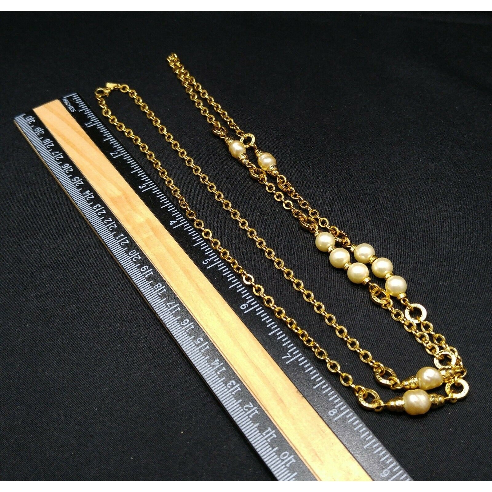 Vintage Monet Long Gold Chain Necklace Faux Pearls 1970s Sister Clasp 36″