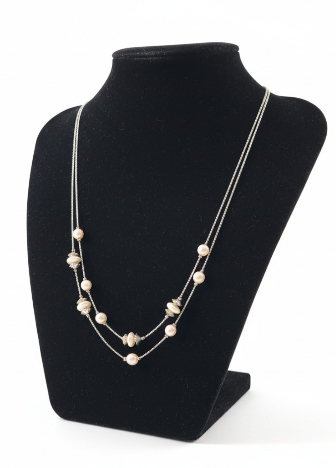 18″ Double Strand Gold-toned Chains W/Light-Colored Beads With Spacers Necklace