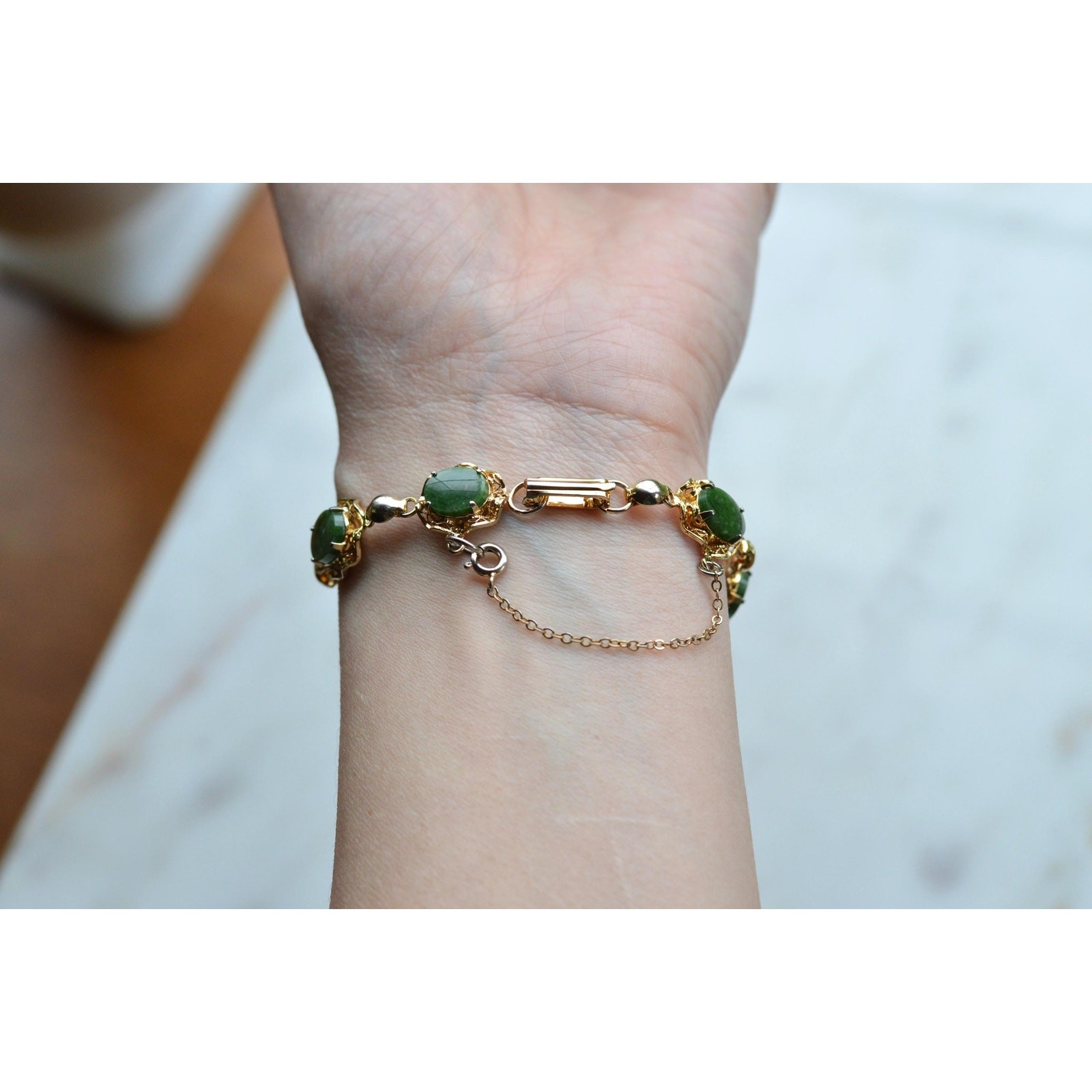 Vintage Alice Caviness Jade Bracelet | 12K Gold Filled Filigree Link | Signed