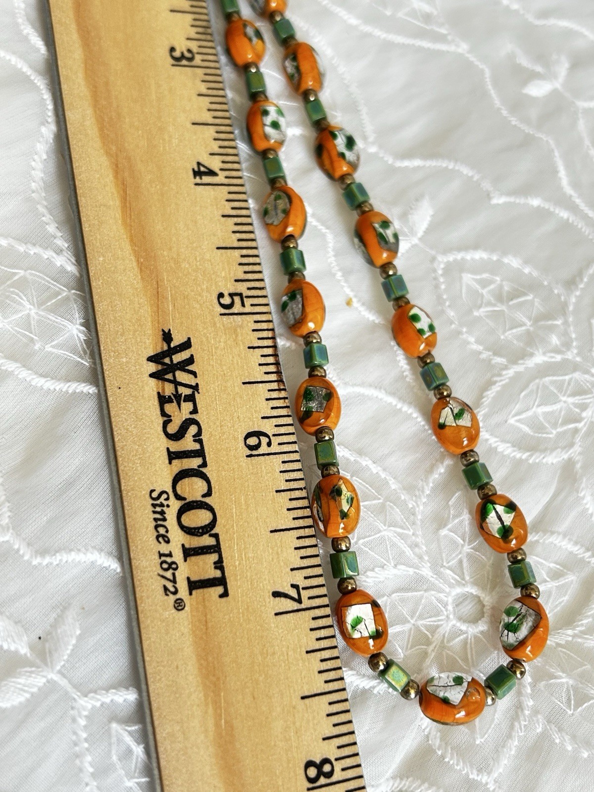 Vintage Orange Foil Art Glass Bead Necklace Green Spacers Murano Style Italy