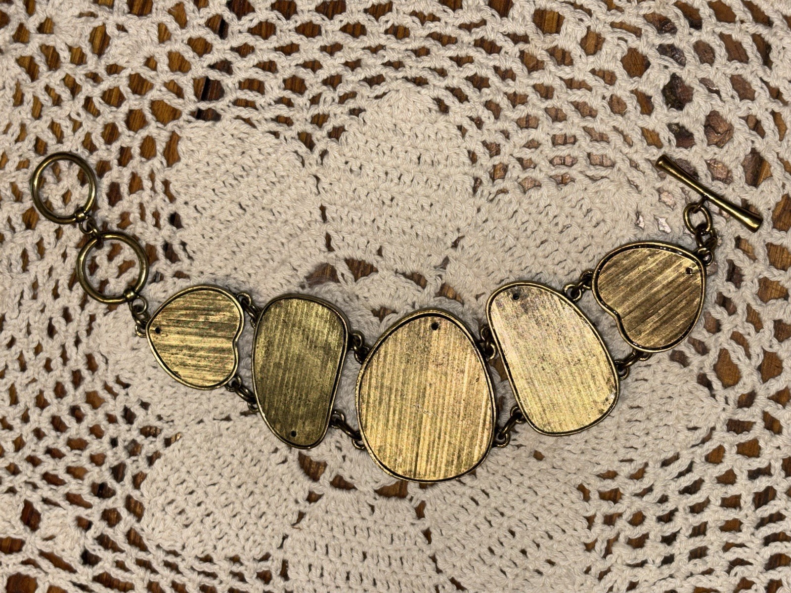 Vintage Handmade 5 Color Geode & Brass Link Chunky Bracelet Toggle Clasp BOHO