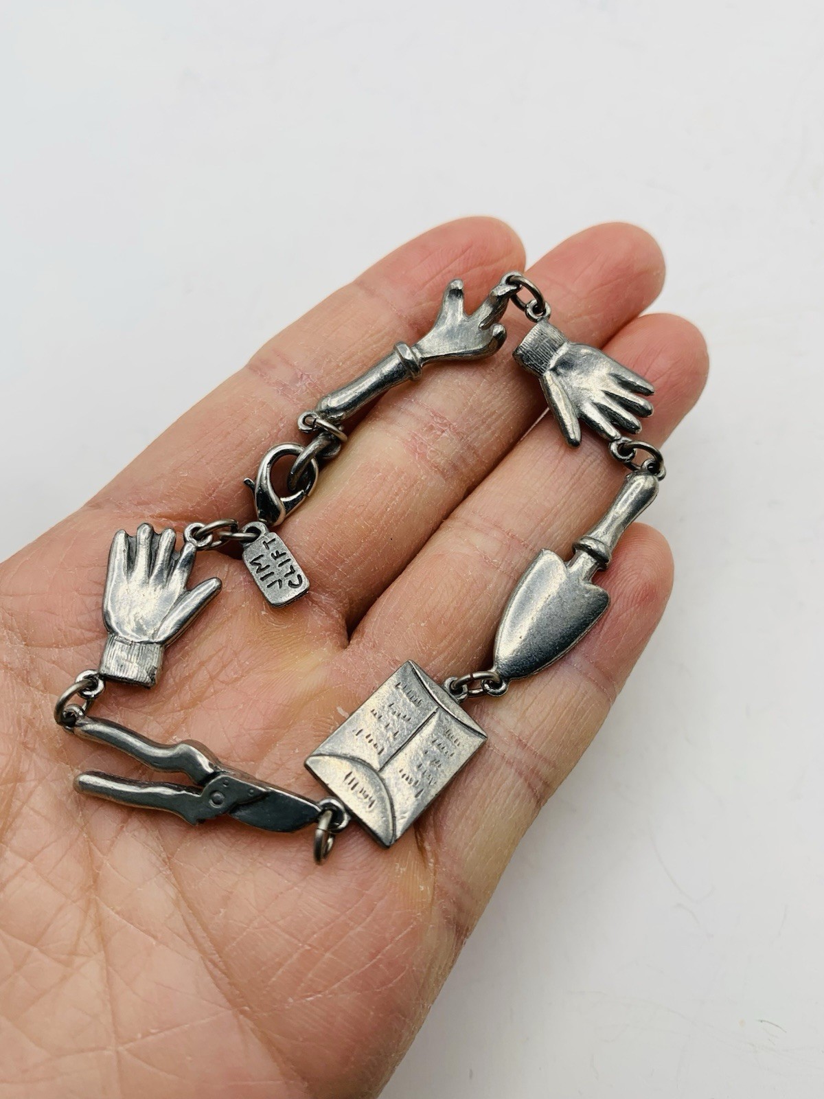 Vintage 7″ Signed Jim Clift Pewter USA Silver Tone Gardening Charm Bracelet