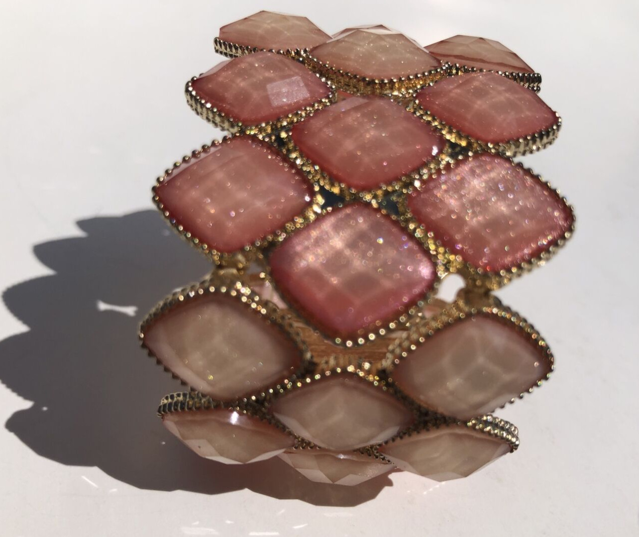 Pink Stone Stretch Cuff Bracelet Gold Tone Statement Piece Costume Jewelry