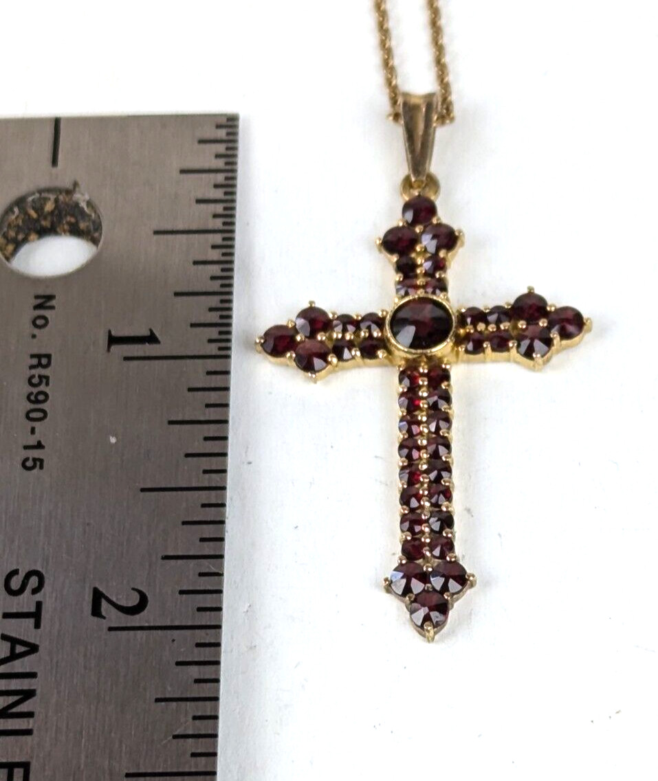 Lg Czech Bohemian Garnet Cross 900 Gilded Silver Pendant on 24″ GF 12K Chain