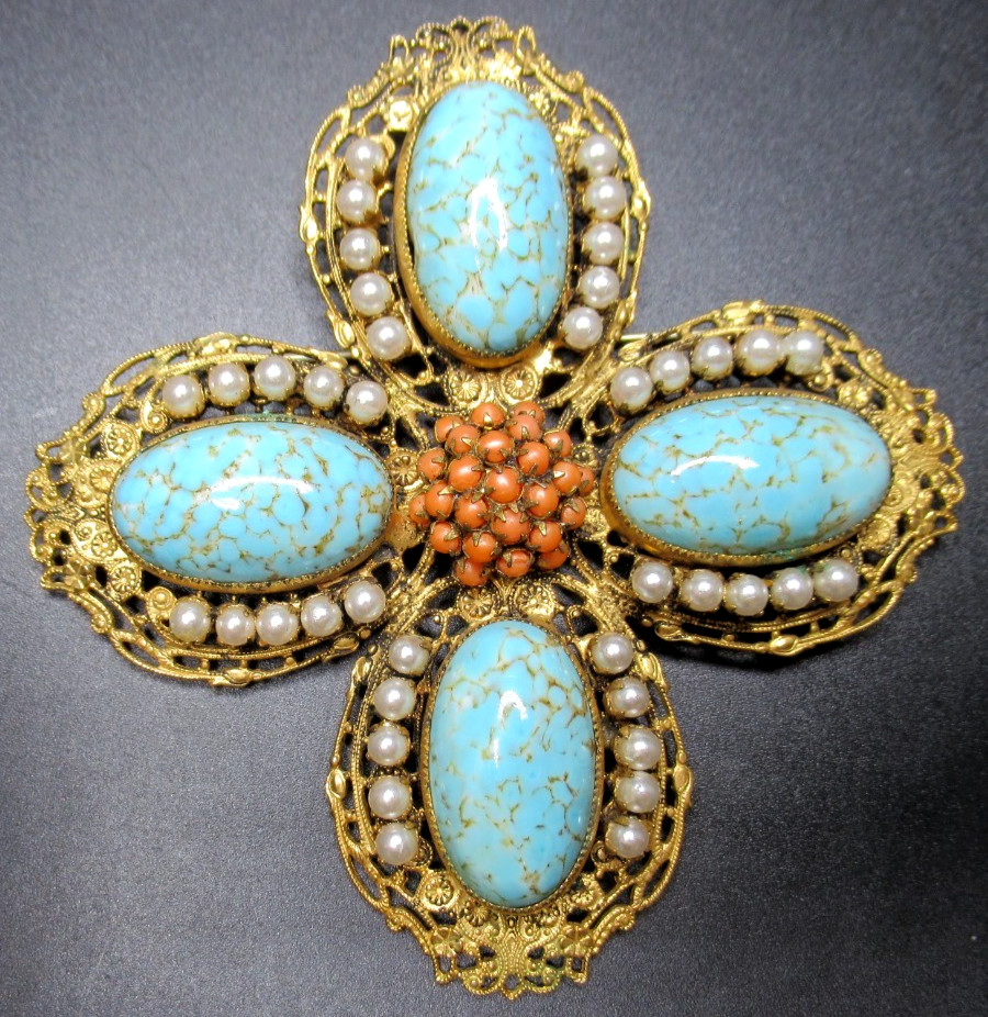 SCHREINER Amazing Turquoise Blue Faux Coral & Pearl Cross Vintage Pin Pendant