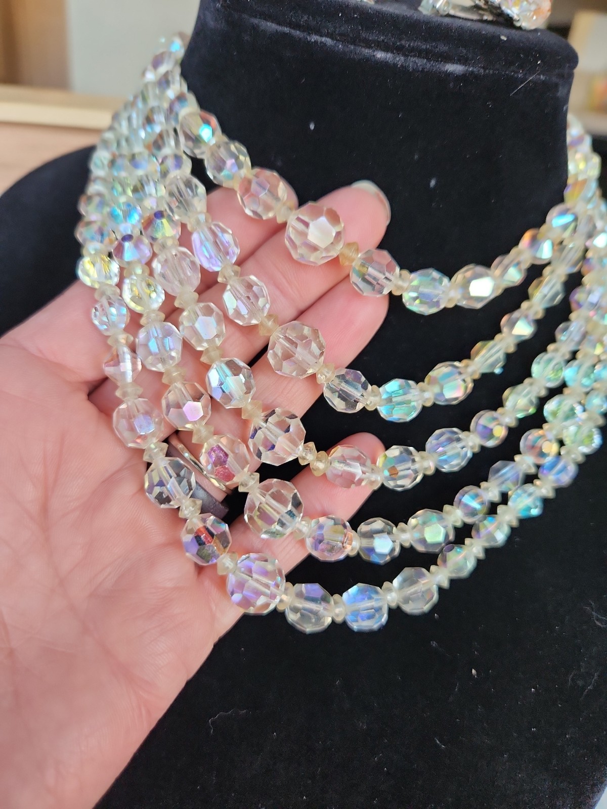 VINTAGE AURORA BOREALIS AB FACETED FIVE (5) STRAND CRYSTAL NECKLACE 11-16”
