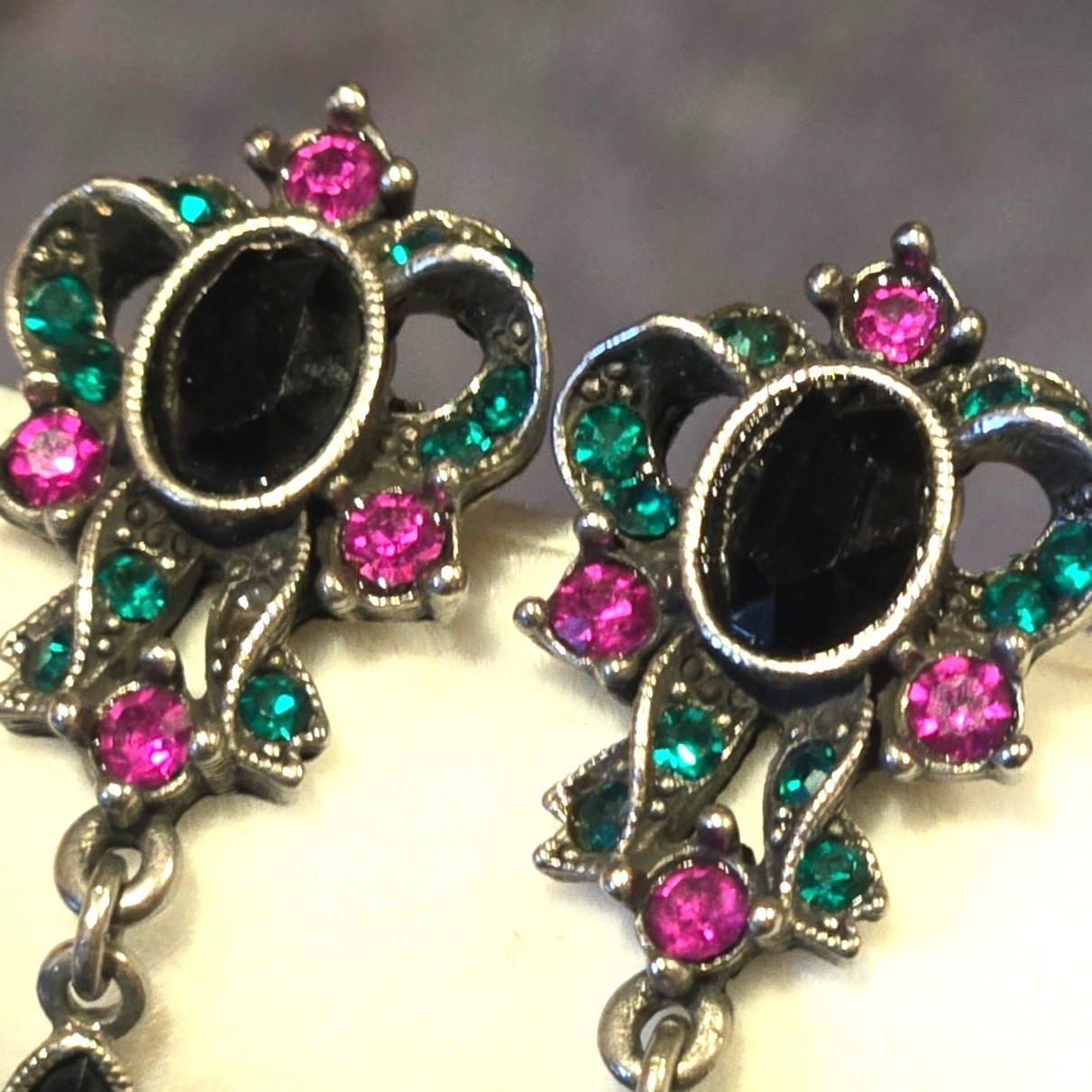1928 Vintage Dangle Earrings Black Cabochon Pink Green Crystal Drop Bow shaped