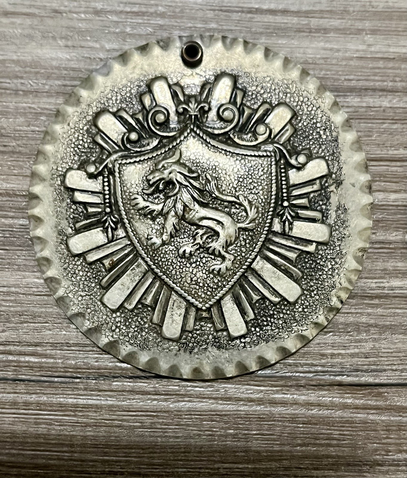 Vintage Aluminum Pendant Necklace Pair Rampant Lion Hammered Jewelry