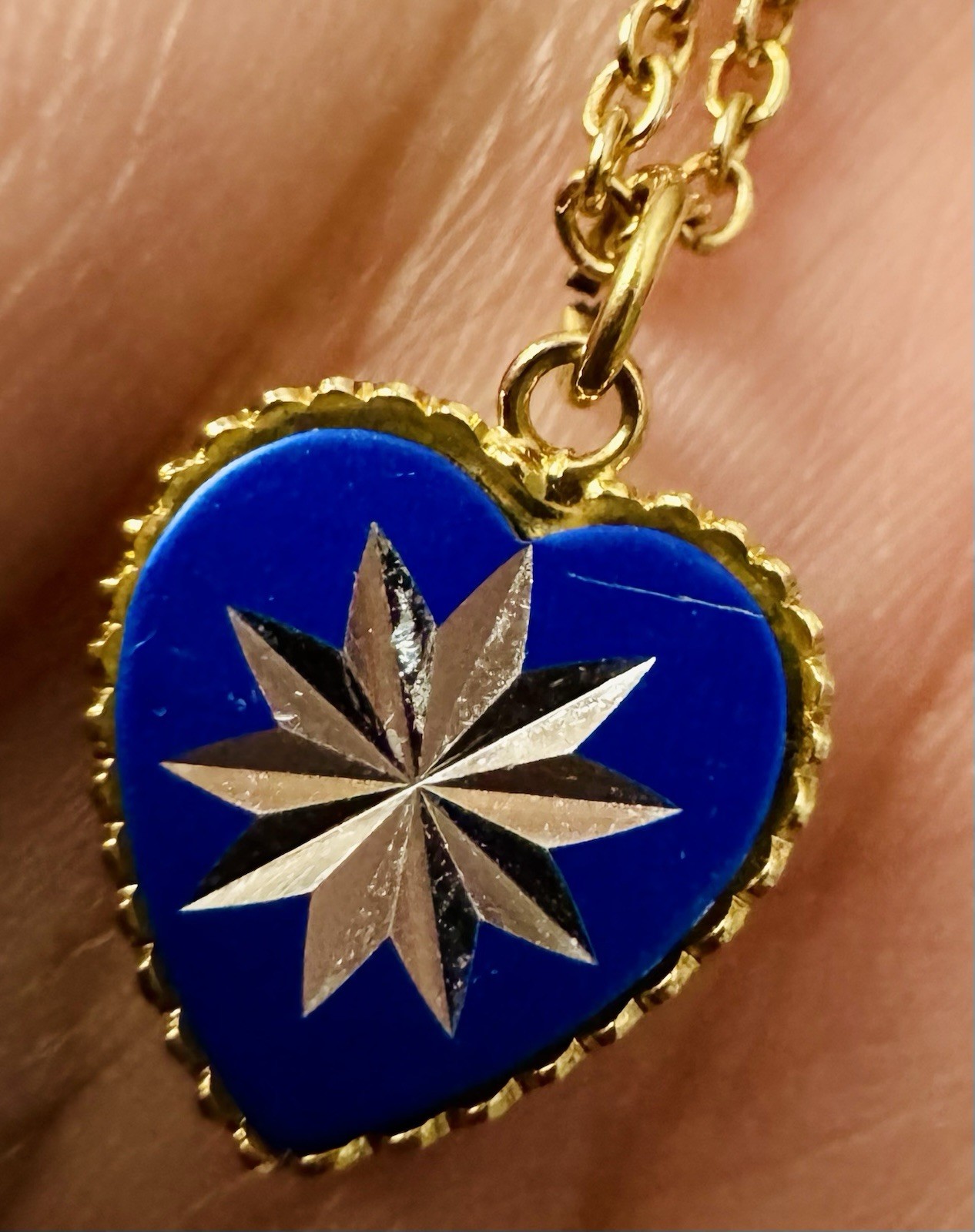 Vintage Blue Enamel Double Sided Gold Necklace