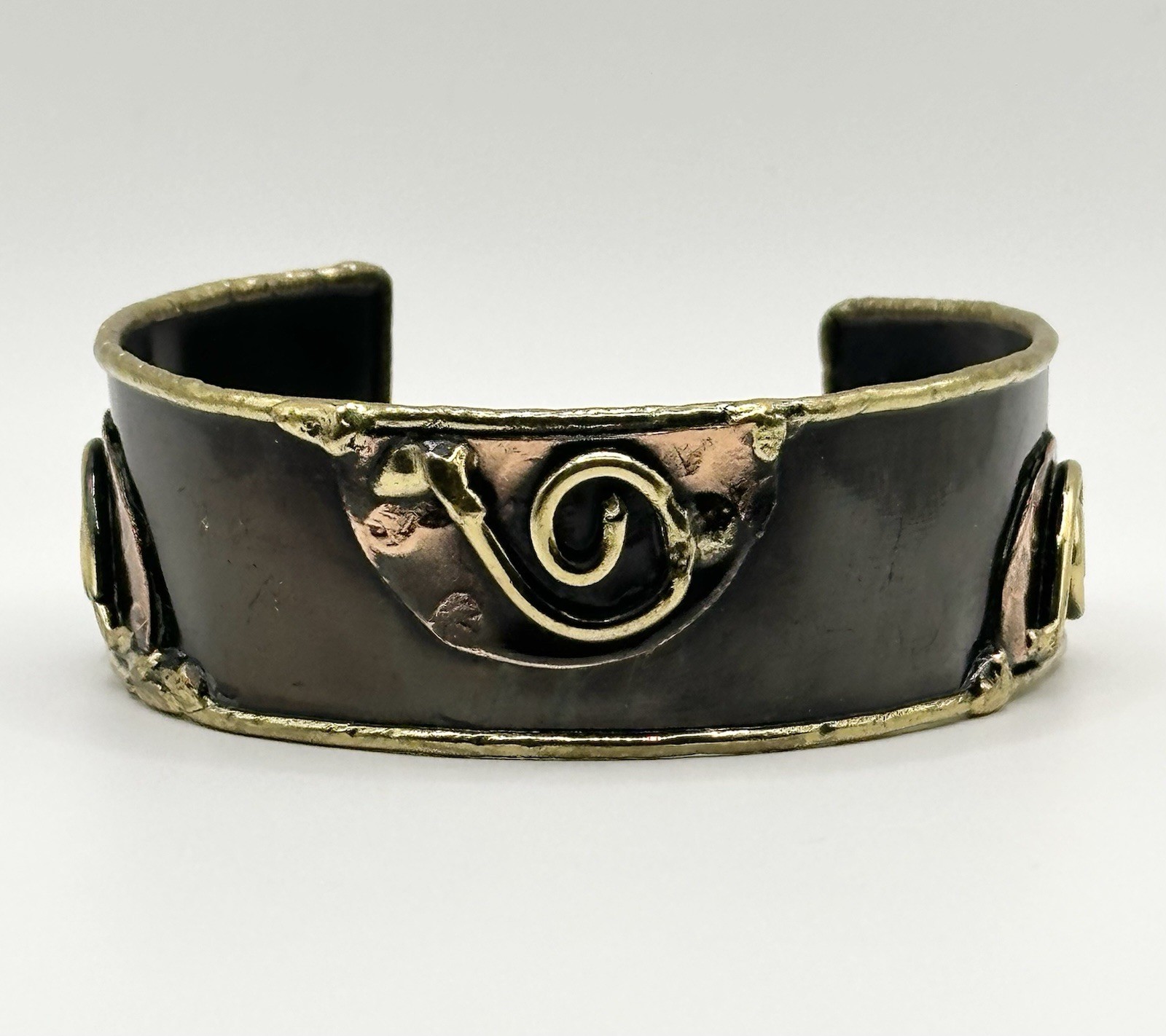 Vintage Brutalist Mixed Metals Cuff Bracelet Brass Copper Modernist Adjustable