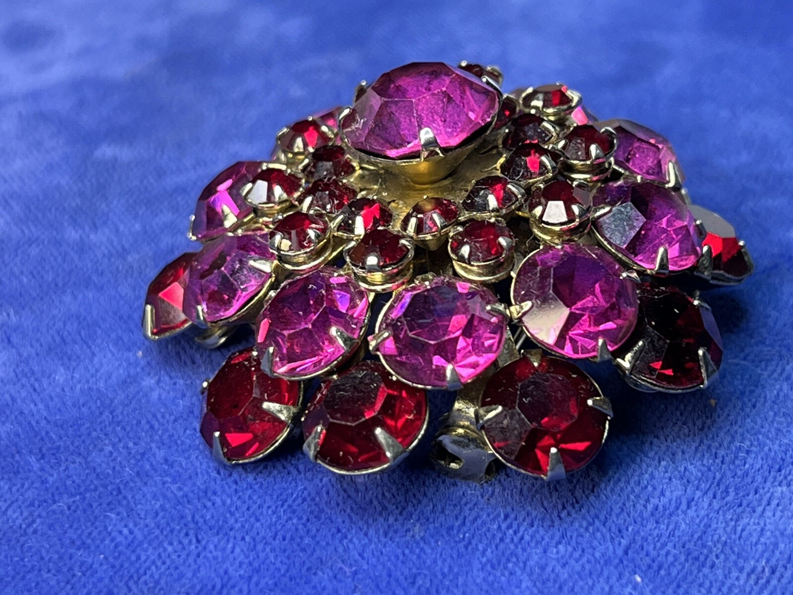Vintage Rhinestone Dome Brooch Crystal Fuchsia Pink Red Garnet Layered Earrings