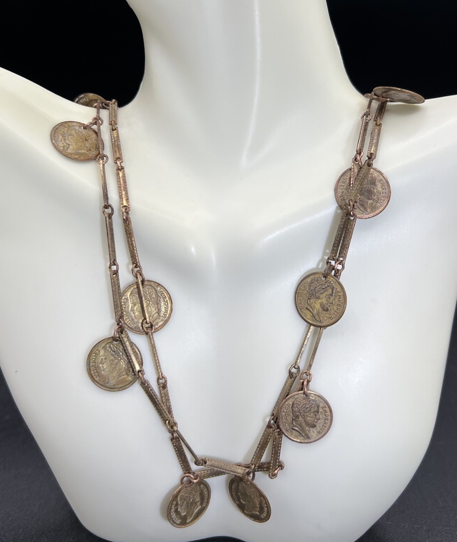 Vintage Copper Coin Necklace, 52”