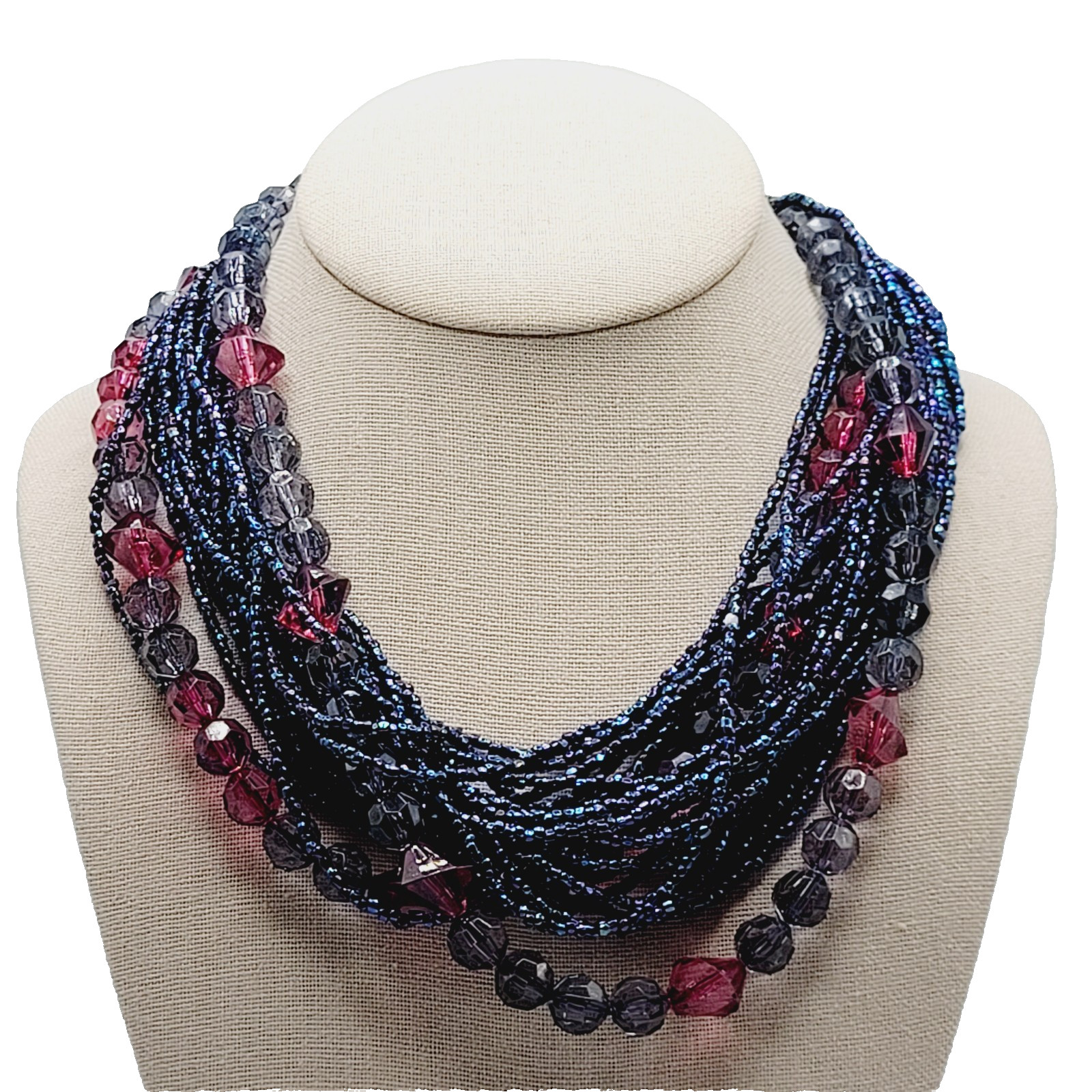Purple and Deep Blue Iridescent Twist Multi Strand Glass Beaded Vintage Necklace