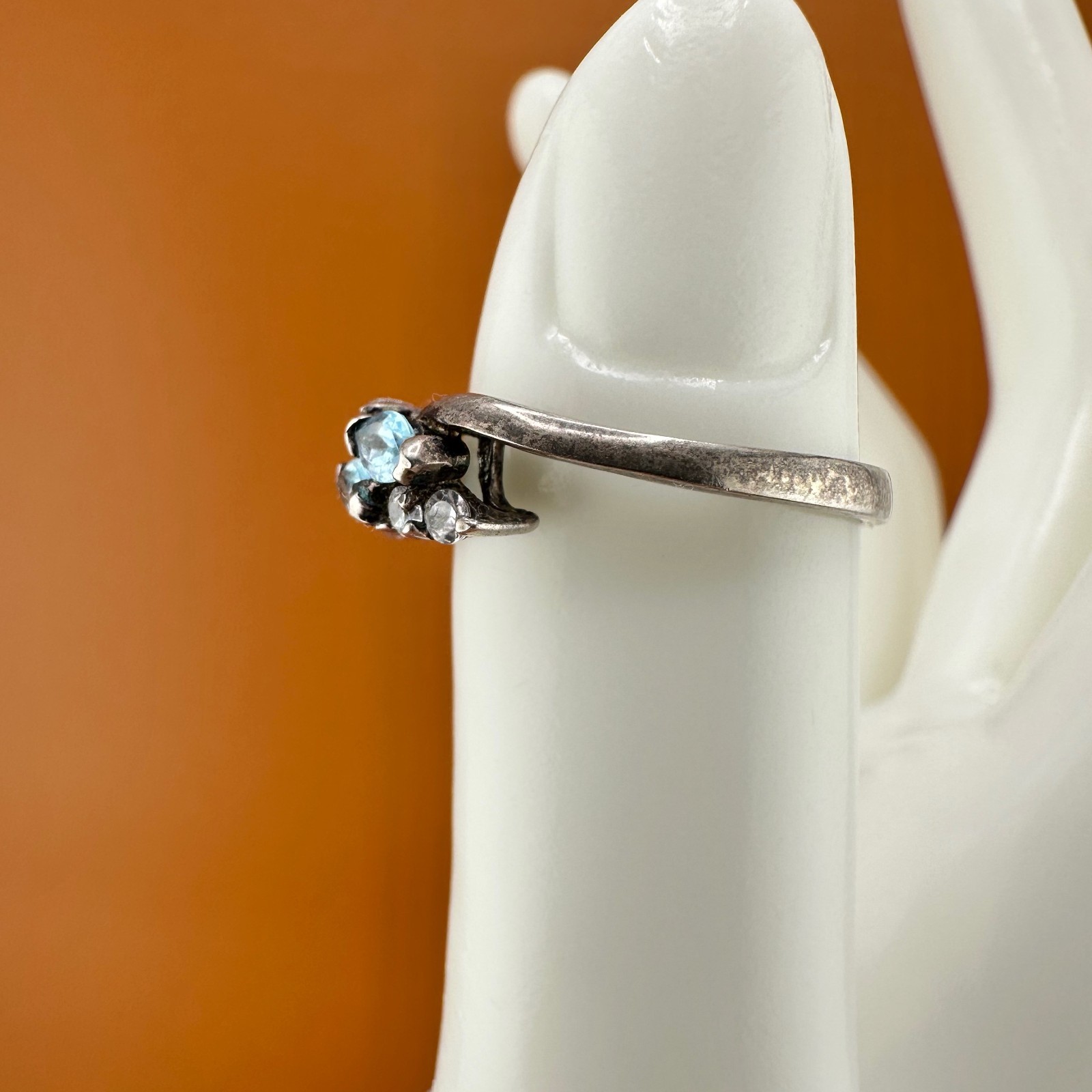 Vintage Sterling Silver Blue Topaz Ring Marquise Cut Dainty Size 6.75 Signed