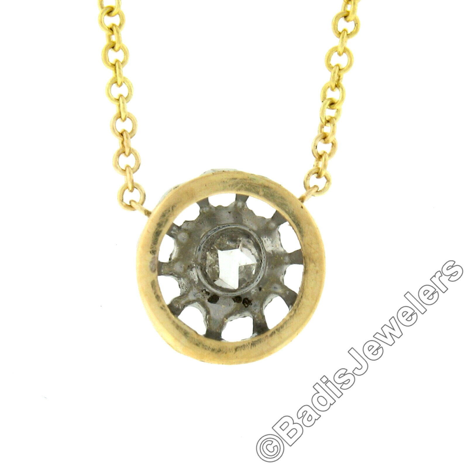 Antique 18k Gold & Platinum 0.06ctw Rose Cut Diamond Solitaire Pendant w/ Chain