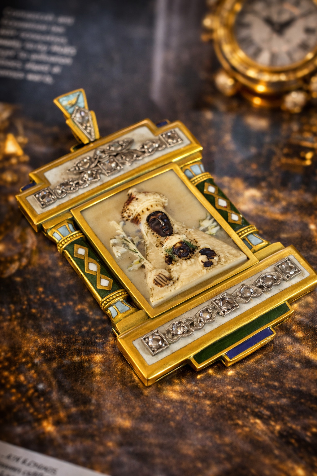 Antique 18K Gold Black Madonna Pendant Rose Cut Diamond Enamel Religious c1900