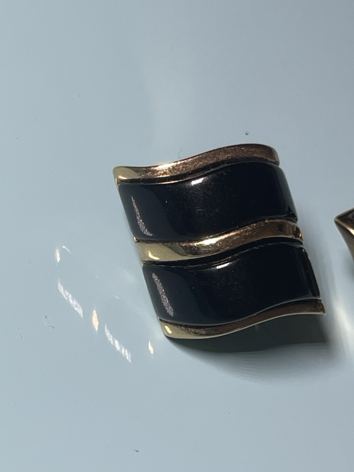 Vintage Black Enamel Gold Tone Clip On Earrings Wave Design Statement Earrings