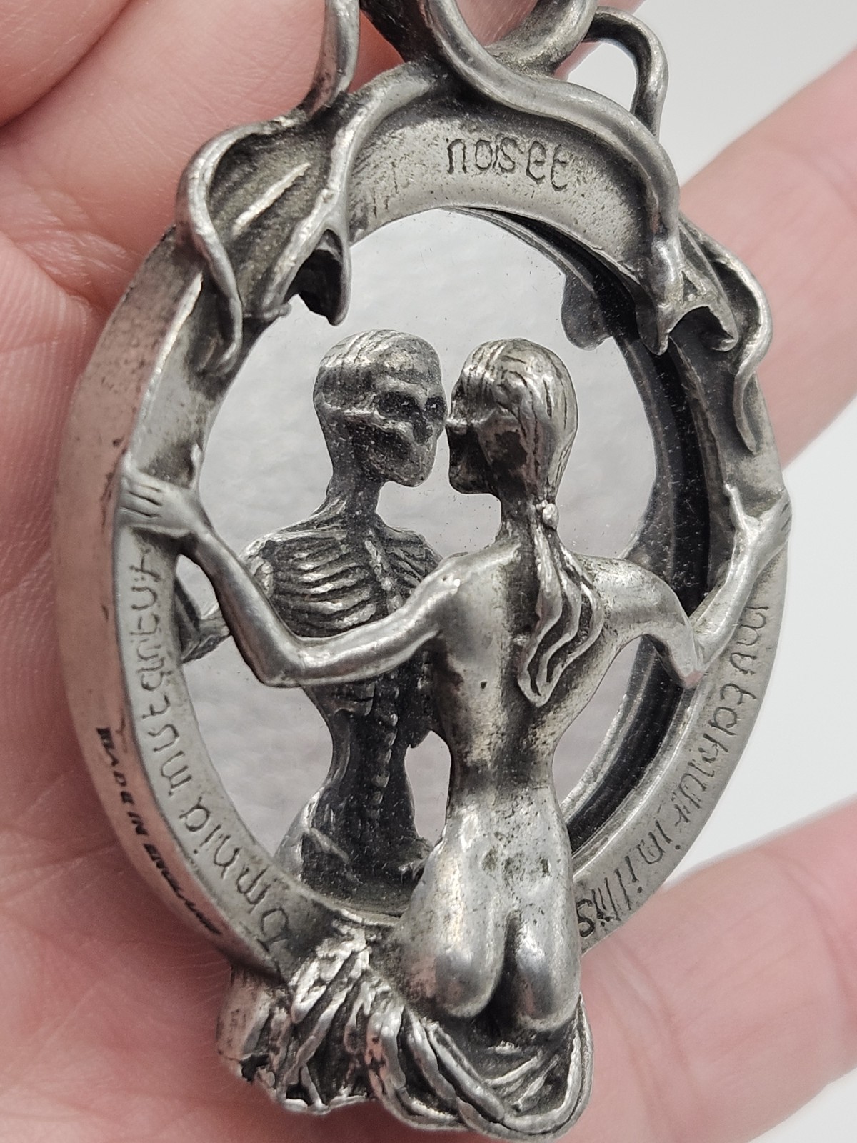 Vintage Alchemy Gothic Speculum Scull Lady Mirrored Pendant Necklace Pewter