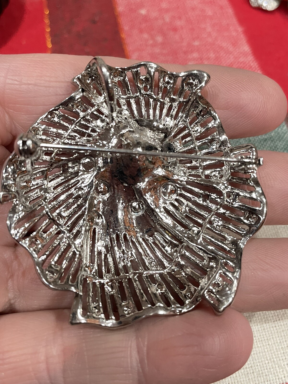 Vintage Silver Tone Poppy Flower w Ab Rhinestones Faux Pearl Brooch Pin Pendant