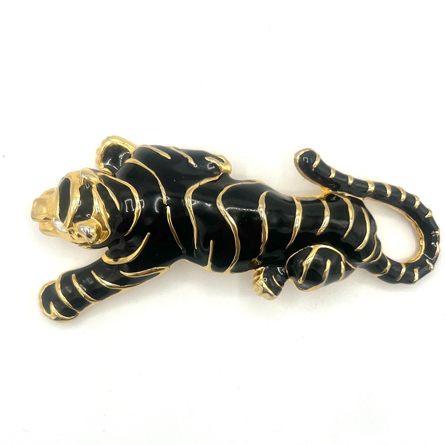 Vintage Black Enamel Tiger/Panther Brooch With Clear Rhinestone Eyes – 4.25″