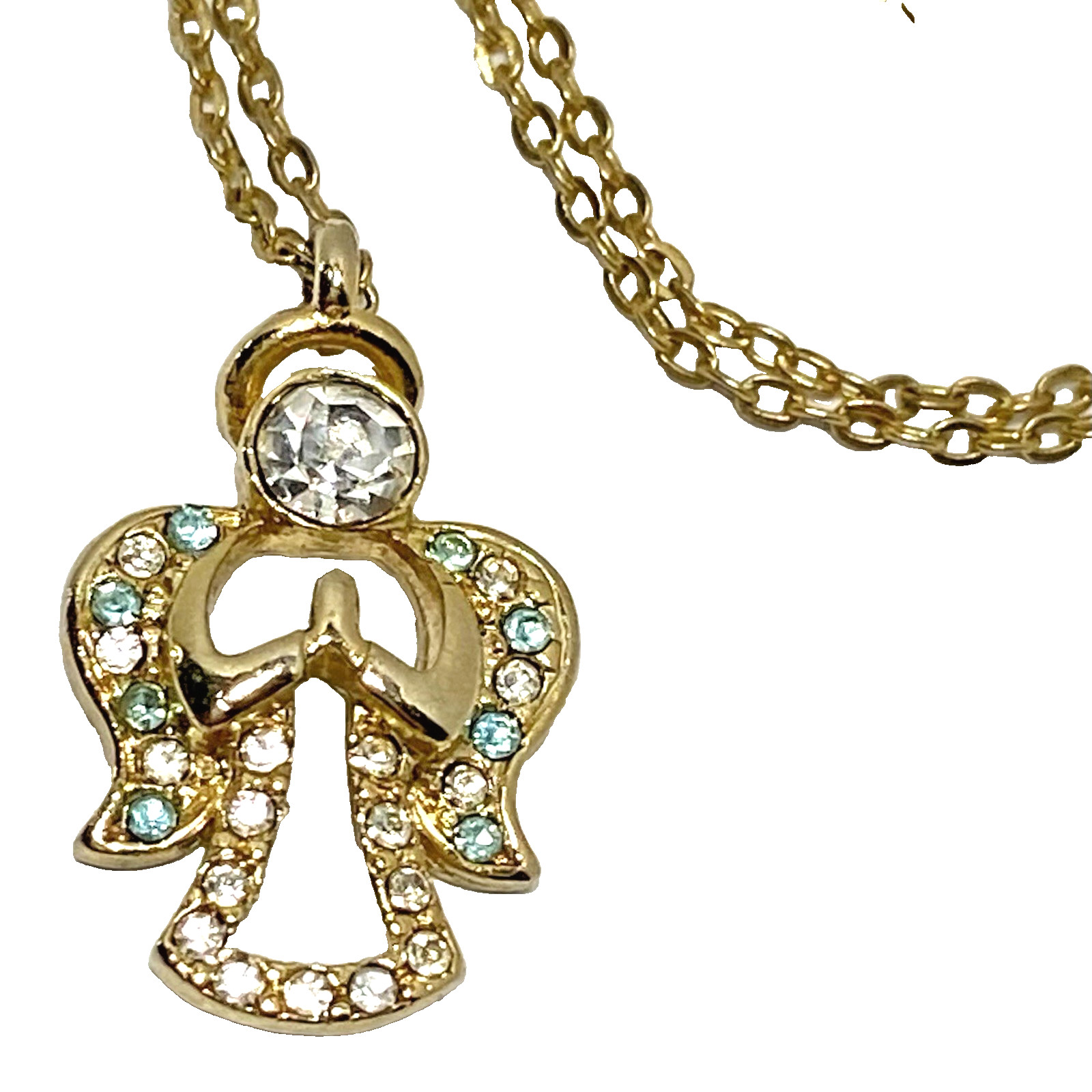VTG 1980s DANBURY MINT Sky Blue Rhinestone Angel Necklace 18″ Gold Tone w/ Pouch